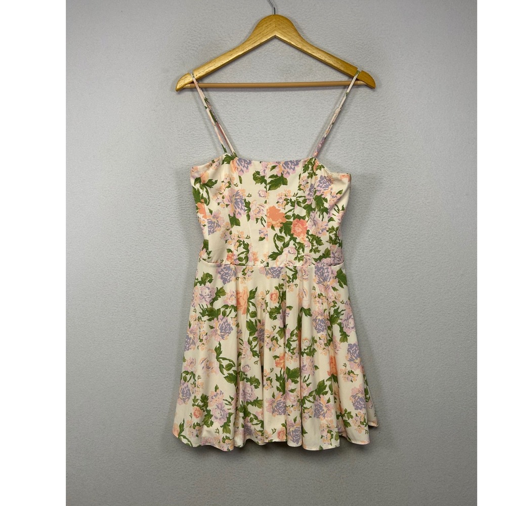 Cottagecore Zara Womens Size M Cream Floral Spaghetti Strap Fit Flare Mini Dress